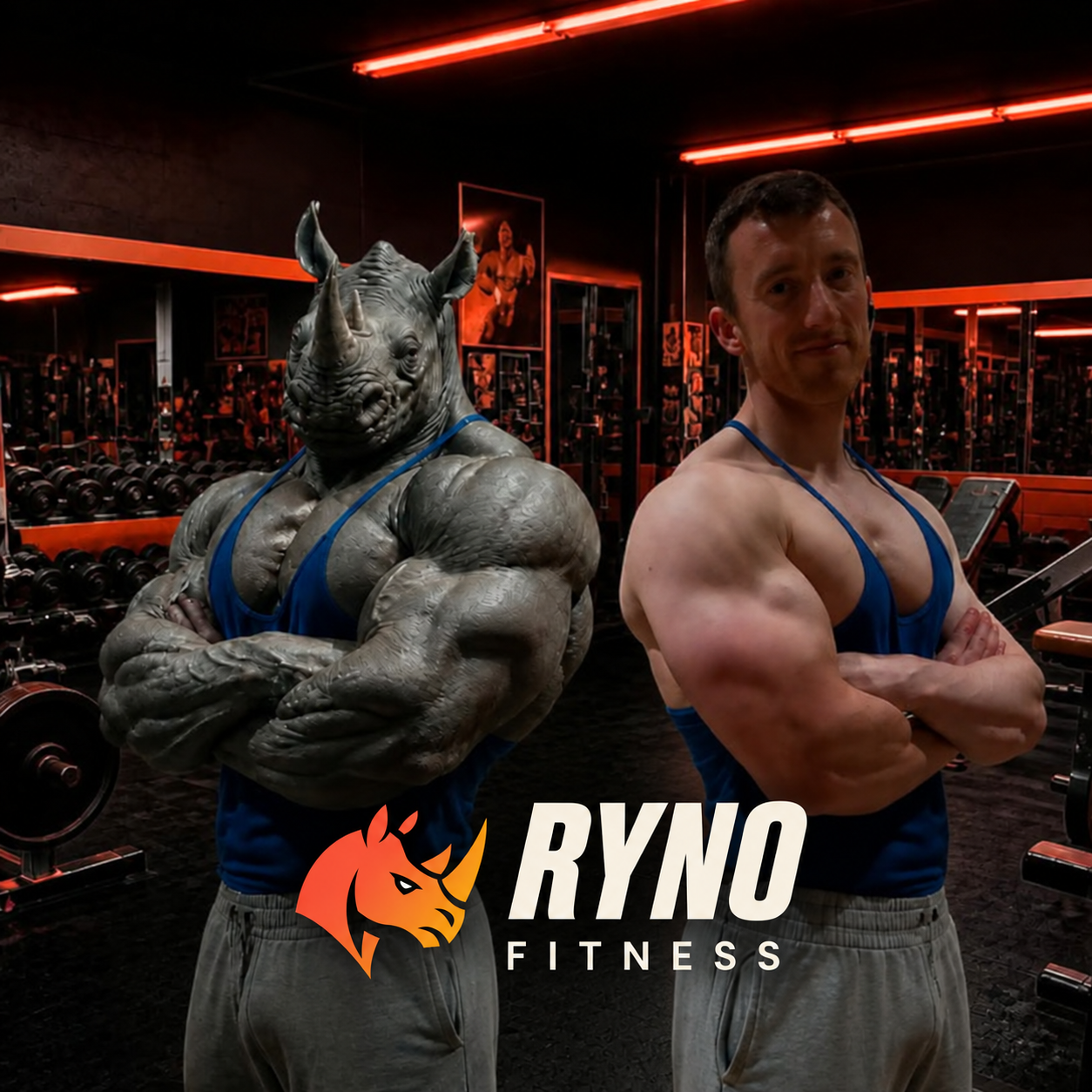 Ryan alongside a rhino character in a Ryno Fitness gym artwork